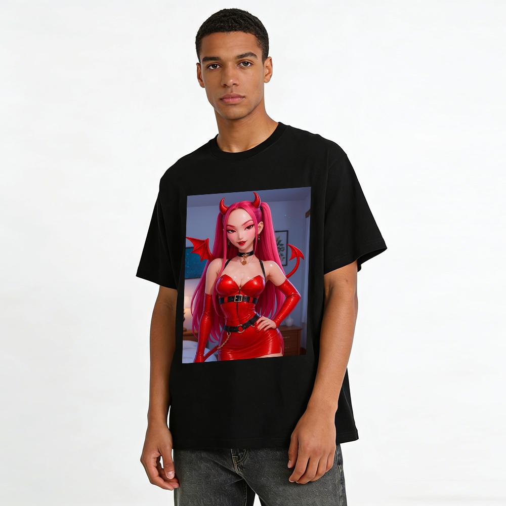 Cute Cool Little Devil Print Top Trendy Street Style Slim Fit Crew Neck Pullover T-Shirt Pure cotton T-shirt