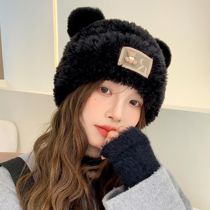 Plush Hat Female Winter Cute Bear Ears Striped Contrasting Color New Sweet Contrasting Color Knitted Wool Hat