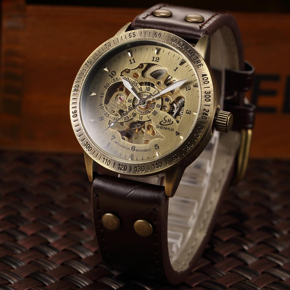 SHENHUA Bracelet Watch Bronze Automatic Skeleton Mechanical Watch Men Steampunk Retro Analog Wristwatches Horloges Mannen