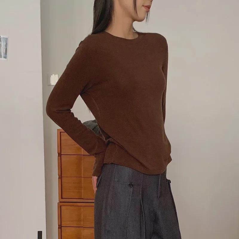 

Женская футболка Du Xiaozhai из высокоэластичного хлопка: Круглый вырез, длинные рукава, повседневная одежда. One Size