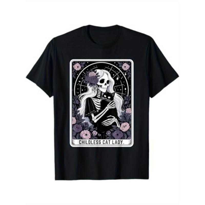 European sizes Skeleton Cat Card T-Shirt - Gothic White Cat & Floral Print with The Cat Text - Soft Black Short Sleeve Round Neck Tee for Men