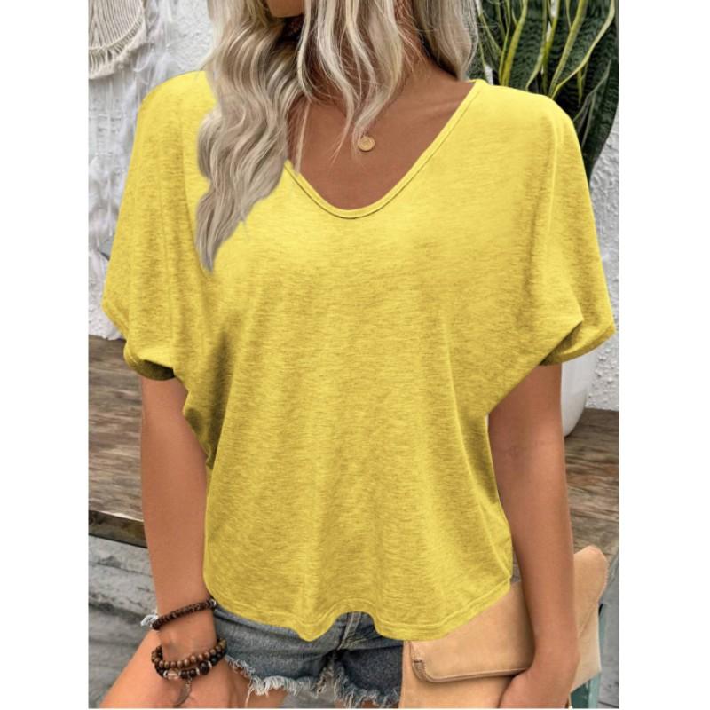 

Женская летняя футболка большого размера свободного кроя с плиссировкой и коротким рукавом, однотонная, с V-образным вырезом, повседневный топ XXS жёлтый