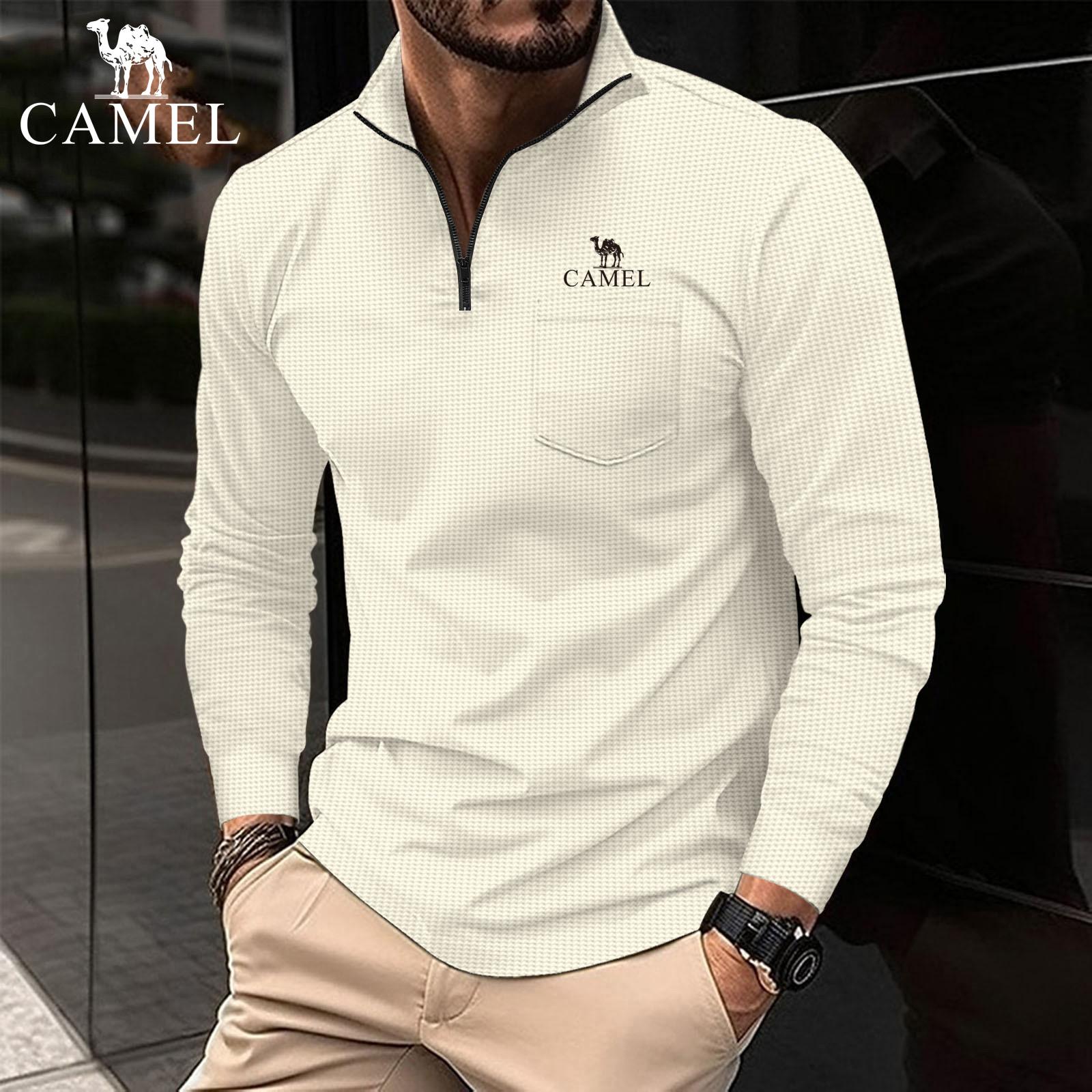 

Camel 2024, весенне-осенняя рубашка-поло с вышивкой, мужская вафельная спортивная рубашка с карманом на молнии, большие размеры, рубашка-поло 3XL слоновая кость