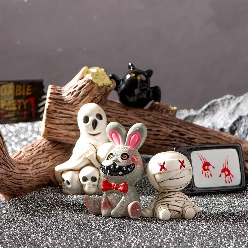 1Pc Halloween Resin Figurines Mummy Skull Bat Ghost Horror Bunny Candle Mini Ornament Micro Landscape DIY Scary Party Decoration