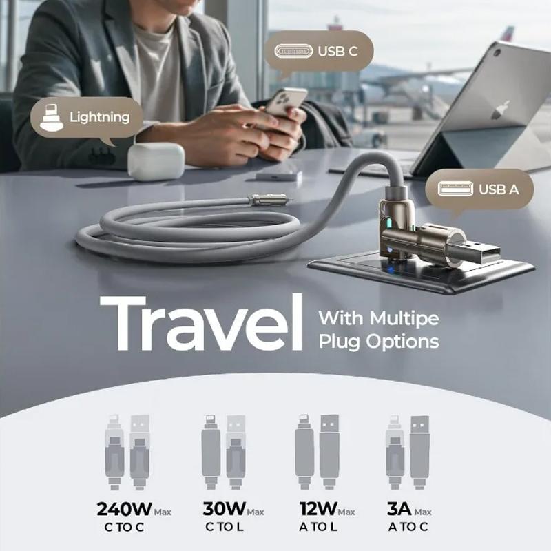 240W Chubby USB C-kabel Snabb laddning 4 i 1 Datakabel 6,6FT Zinklegering med Andningsljus för Telefon/MacBook/iPad