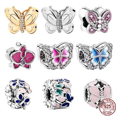 Heißer Verkauf S925 Sterlingsilber Funkelnd Blau Rosa Golden Schmetterling Charm Perlen DIY Schmuck für Frauen Passend für Original Armband