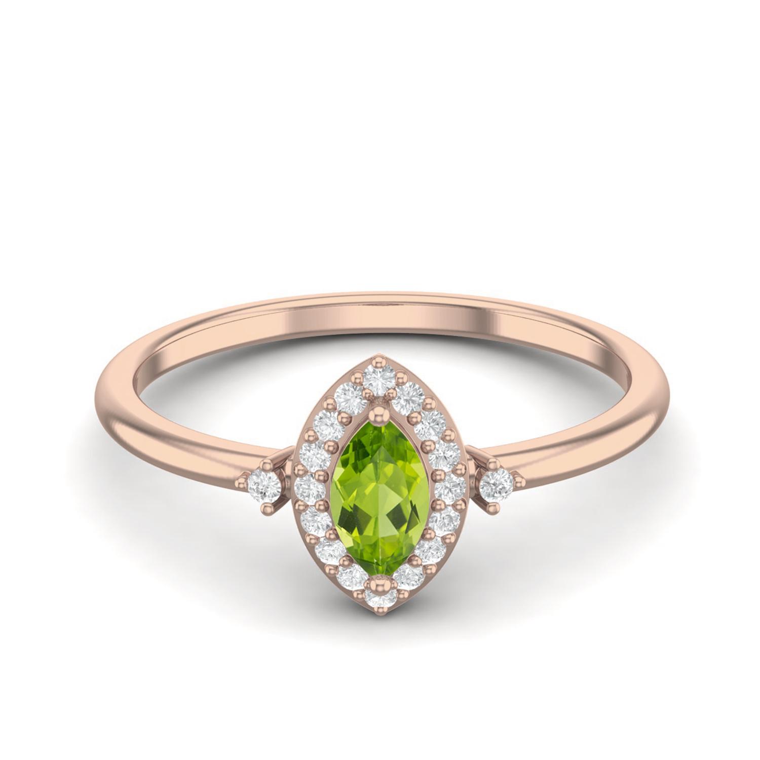 5X3mm Marquise Peridot 925 Sterling Silver Rose Vermeil Solitaire Accents Women Anniversary Ring 7