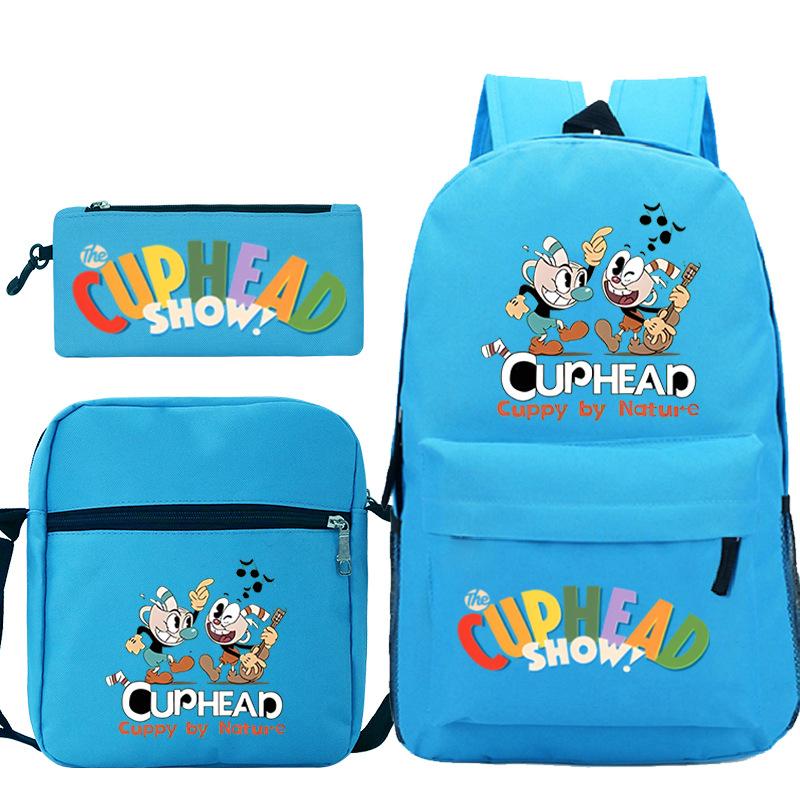 Cartoon Teacup Head Cuphead Student Backpack Oblique Span Bag Pencil Bag Primary And Secondary School Students Children'S Schoolbag Three-Piece Set