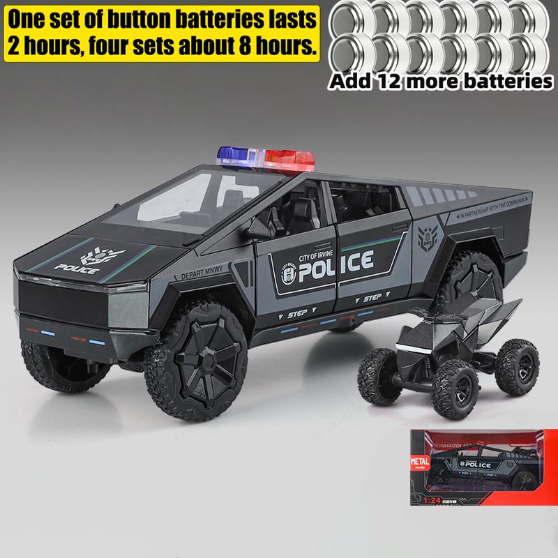 1/24 Tesla Police Cybertruck Off Road Alloy Metal Diecast Model Car Outdoor Collections Classic Trendy Toy Decorations Valentine Kids