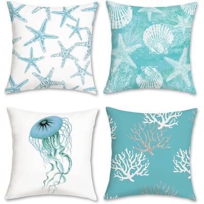 Ocean Theme Pillow Covers, Featuring Seahorses, Sea Turtles, Starfish, Shells, and Seaweed with Watercolor Texture