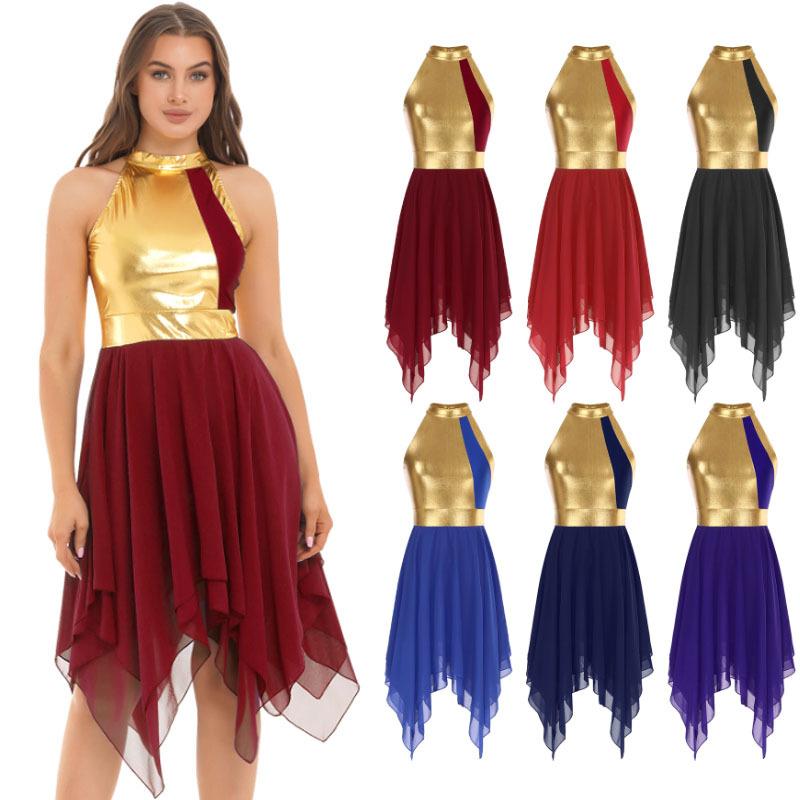 Women Lyrical Dance Costume Morden Contemporary Dancewear Asymmetrical High Low Ruffle Midi Dresses