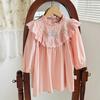 Spring Vintage Lace Girls Dress Long Sleeve Embroidered Bow Ruffle Children Princess Dress