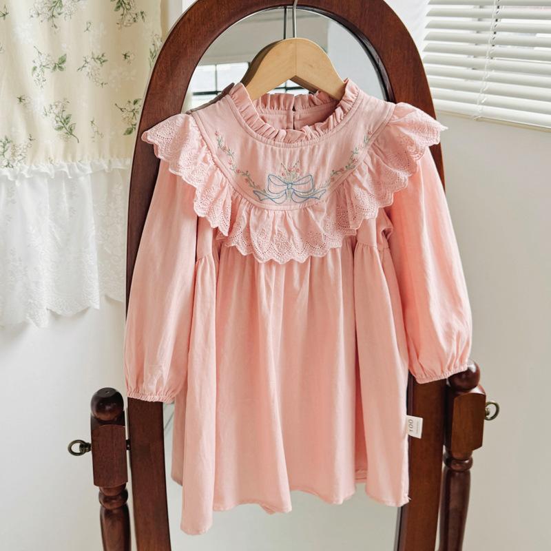 Spring Vintage Lace Girls Dress Long Sleeve Embroidered Bow Ruffle Children Princess Dress 140cm