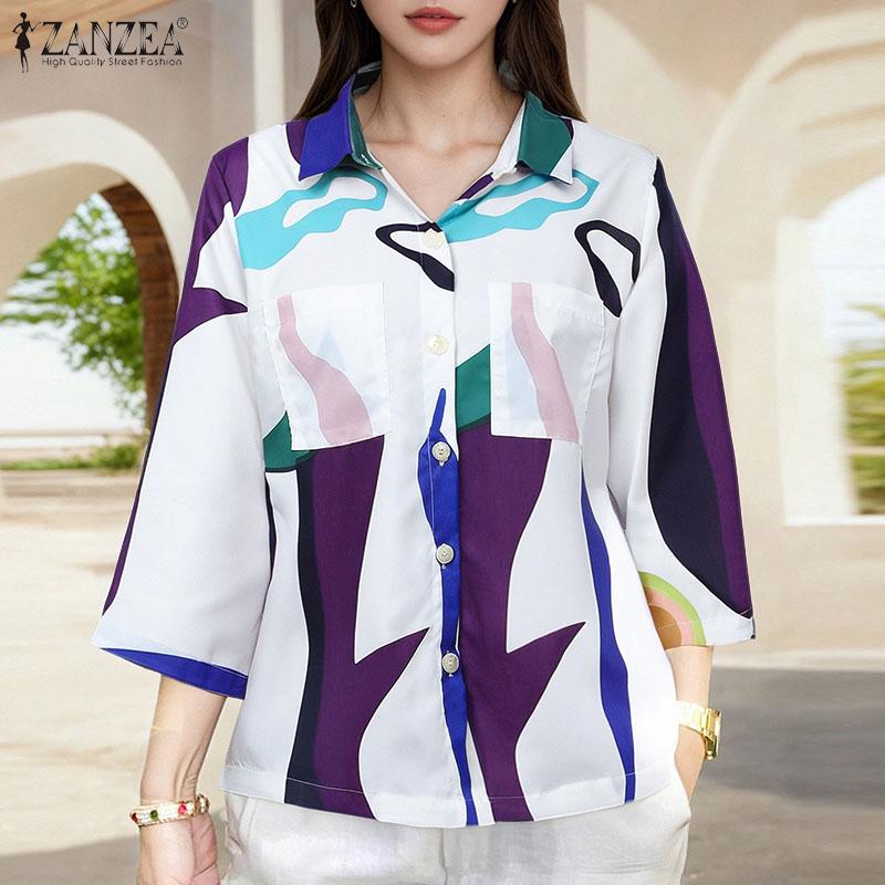 ZANZEA Women Casual Turn Down Collar Loose Half Sleeve Print Blouse