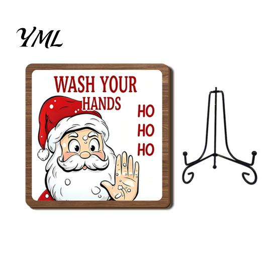 Christmas Pet Ornament Wooden Tabletop Decor, 2D Santa with Iron Stand, Rustic Wrought Display Stand Holiday Sign for Home And Cafe Festive