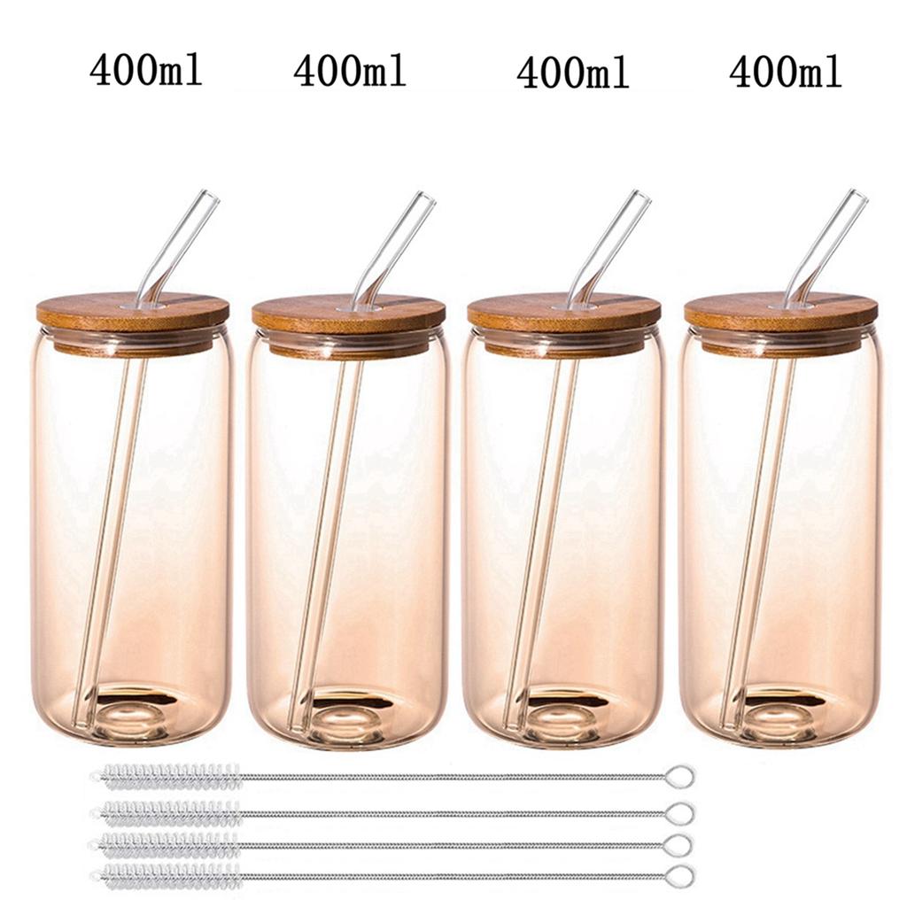 Straw Cup Glasses with Bamboo Lids and Glass Straw Reusable Drinking Glasses Can Shaped Glass Cups for Beer Iced Coffee Cocktail