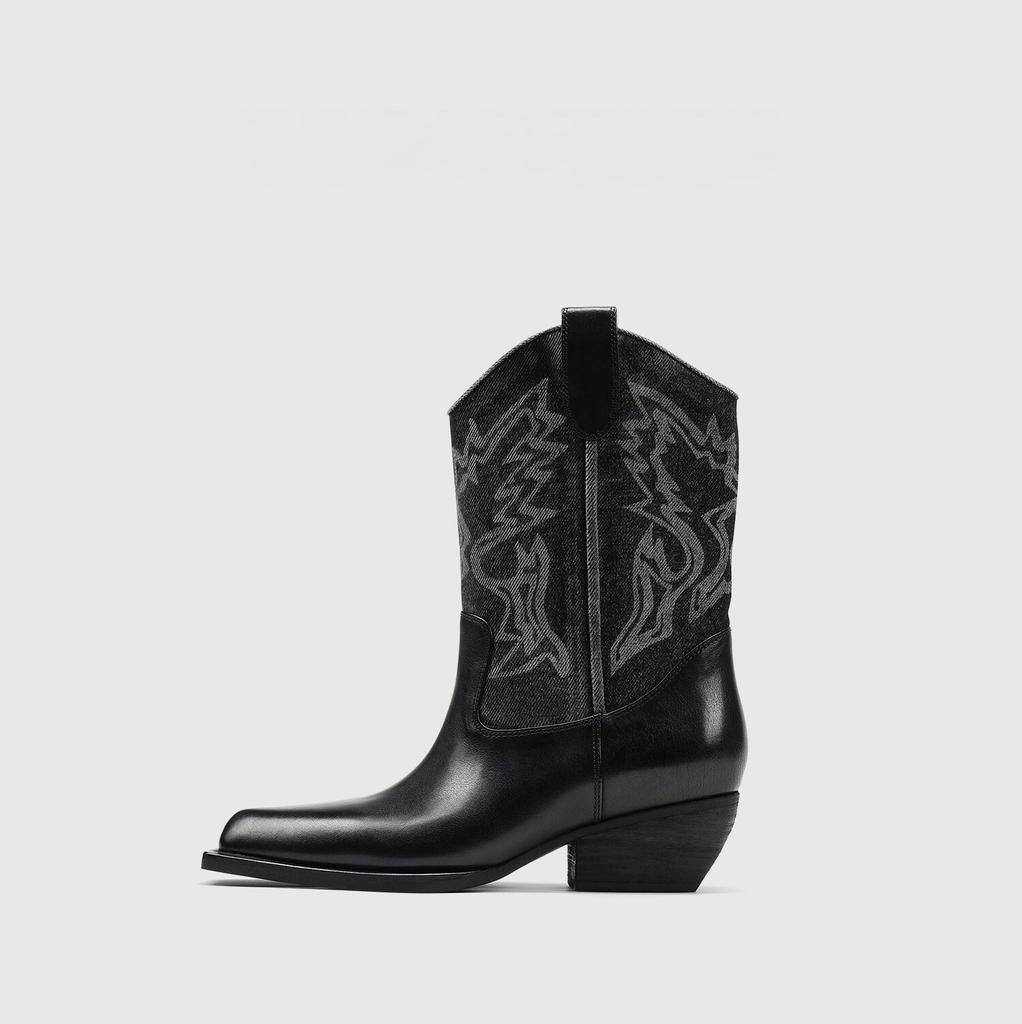 Cai Wenjing and Zhang Yuxi Have the Same Square-headed Thick-heeled Western Cowboy Boots for Women's 2025 Autumn New Thin Retro Short Boots