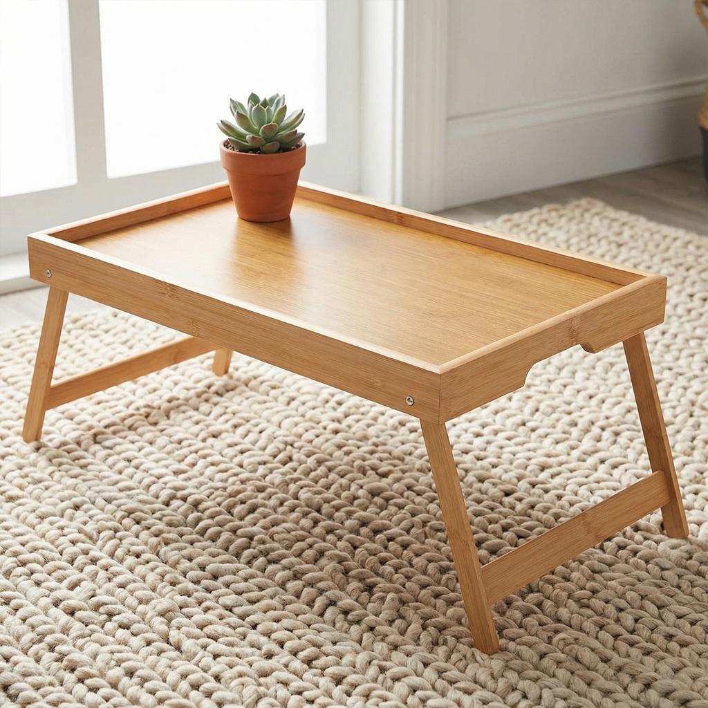 Tragbarer Multifunktionaler Bambus-Betttisch mit Klappbeinen Frühstückstablett für Sofa Essen und Laptops Snacking und Arbeiten