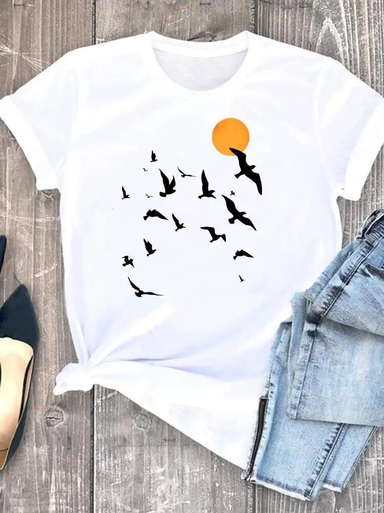

Мила жіноча футболка з мультфільмом Bird Trend Повсякденний жіночий одяг з коротким рукавом Жіноча модна футболка з графічним принтом S білий