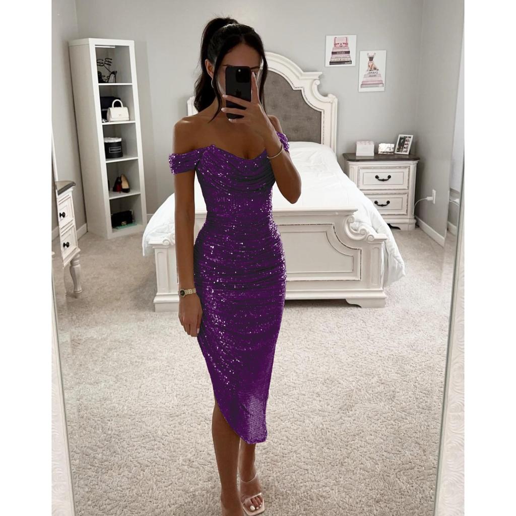 Damen schulterfrei kurzärmliges Midi-Kleid schmale Passform hohe Taille einfarbig Pailletten gerafft Bodycon Kleid