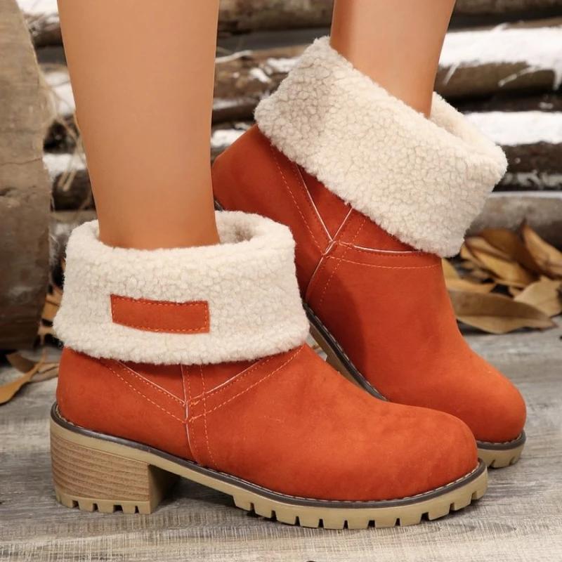 Fashion Women Boots Winter Fashion New Casual Comfortable Shoes Plus Velvet Warm Square Heel Round Toe Solid Color Ankle Boots Women