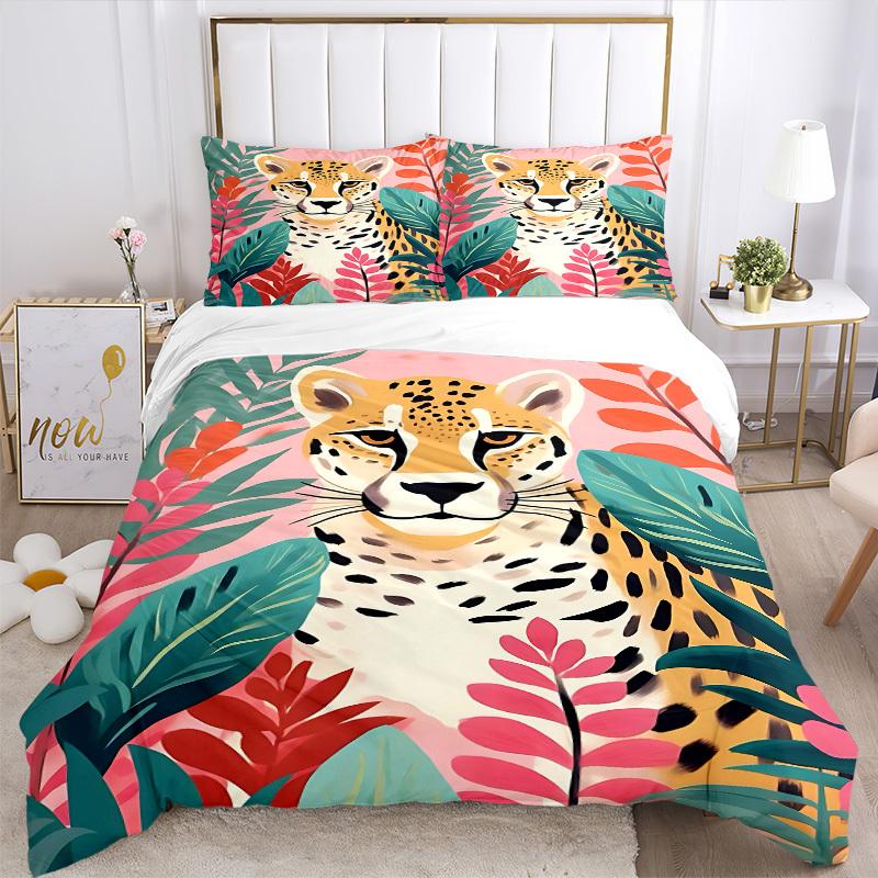 3PCs Cheetah Print Design Cover Set, Breathable Fabric, Machine Washable (1 Duvet Cover + 2 Pillowcases) (Without Quilt) yy250911163