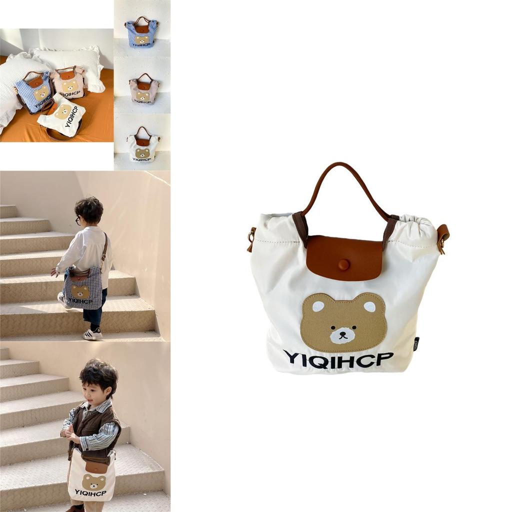Adorable Kids Bear Pattern Gingham Tote Bag Stylish Springtime Crossbody For Girls