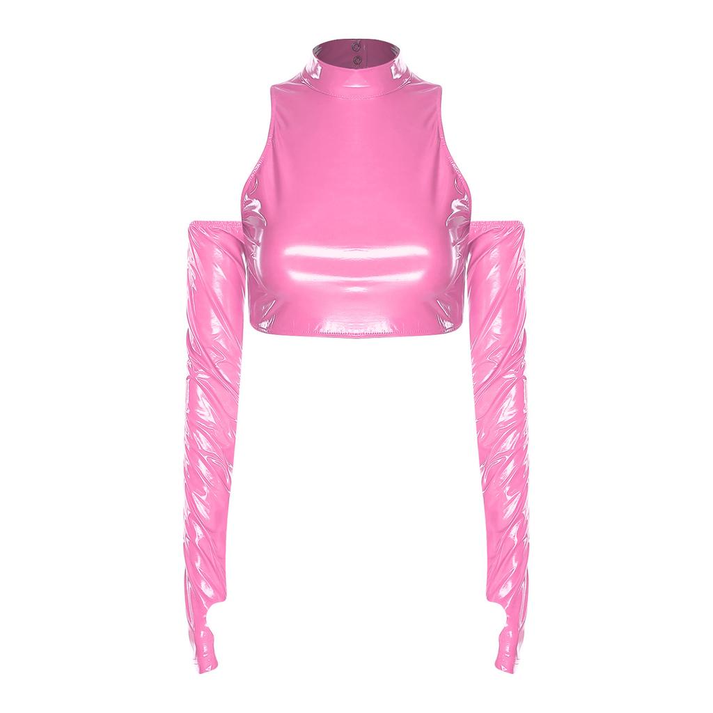 Damen Glänzendes PU Cropped Top Cold Shoulder Langarm Ausgeschnitten Rollkragen Pullover