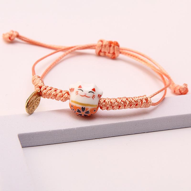 Simple Ceramic Lucky Cat Braided Bracelet for Women Cute Animal Kitten Hand-woven Adjustable Bangles Party Harajuku Jewelry Gift