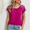 Spring Summer Solid Color Round Neck Lace Patchwork Short Sleeved T-shirt Top for Women Shirt