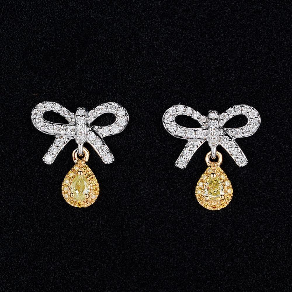 Elegant Bow Pink Diamond Earrings with Pear Shaped Yellow Zircon Drops for Women