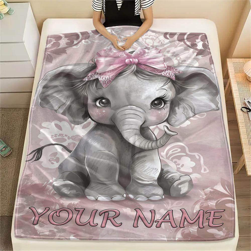 1PC Custom Name Moonlit Elephant Dreams Patterned Flannel Blanket Suitable For All Seasons for Home Decor Warmth and Comfort Gifts Holiday Present_lx