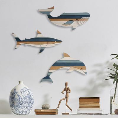 3 Pcs Wooden Fish Wall Decor Rustic Whale Shark Dolphin Beach Coastal Wall Art Nautical Wall Hanging Sculpture for Bathroom Lake House Decor