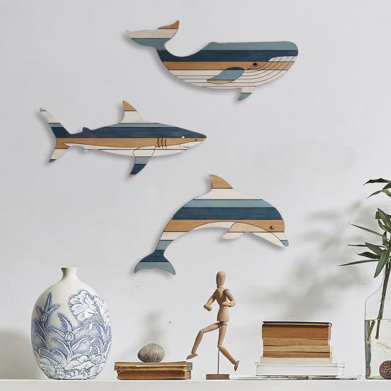 3 Stück Holzfisch Wanddeko Rustikaler Walhai Delfin Strand Küsten Wandkunst Nautische Wandbehang Skulptur für Badezimmer Seehaus Dekor