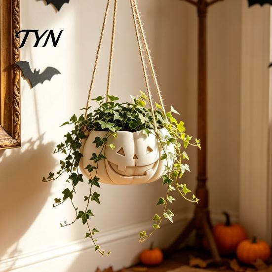 Durable Resin Planter Pumpkin Shaped Hanging Plant Pot, 4.3 Inch Lightweight Flower Adjustable Modern Aesthetic Room Accents Rope Mini Pots for Indoor