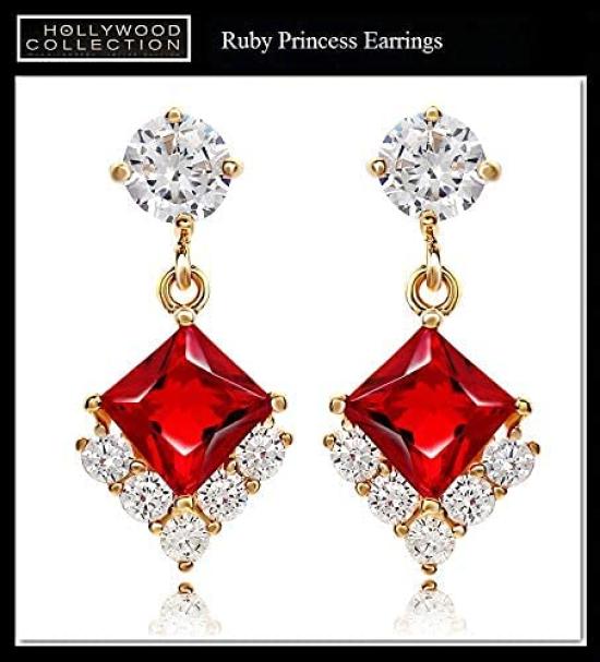 Ruby Red 18K Princess Cut CZ Dangle Hollywood Celebrity Jewelry Earrings, Gold, Diamond, Earrings, 18KGP,