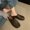 Fashion SUOJIALUN 2024 Autumn Flat Heel Women Slipper Fashion Split Toe Slip On Ladies Mules Shoes Casual Outdoor Soft Heel Slides Shoes