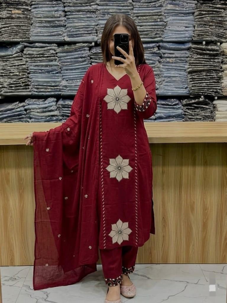 Хлопковый женский этнический набор Kurti с брюками и Dupatta, дизайнерский набор Kurta в стиле Болливуд малиновый