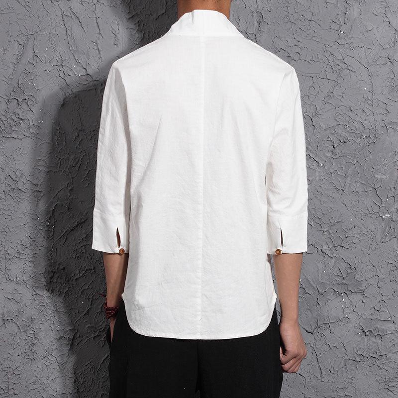 Men's Chinese Cotton-Linen V-Neck Retro Hanfu T-Shirt, Summer Three-Quarter Sleeve, Loose Plus Size