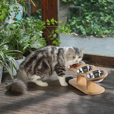 Bamboo Pet Bowl Stand - Small Dog & Cat Feeder with Inclined Neck Protection