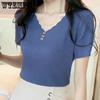 Women Summer Thin KnittedTops Vintage Large Size Short Sleeve Slim V-neck Buttons Solid Color Casual Shirts
