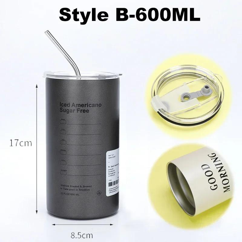 304 Stainless Coffee Cup Steel Double -layer Thermos Cooler Straw Cup Portable Reusable Ins Ice American Coffee Mug Water Bottle