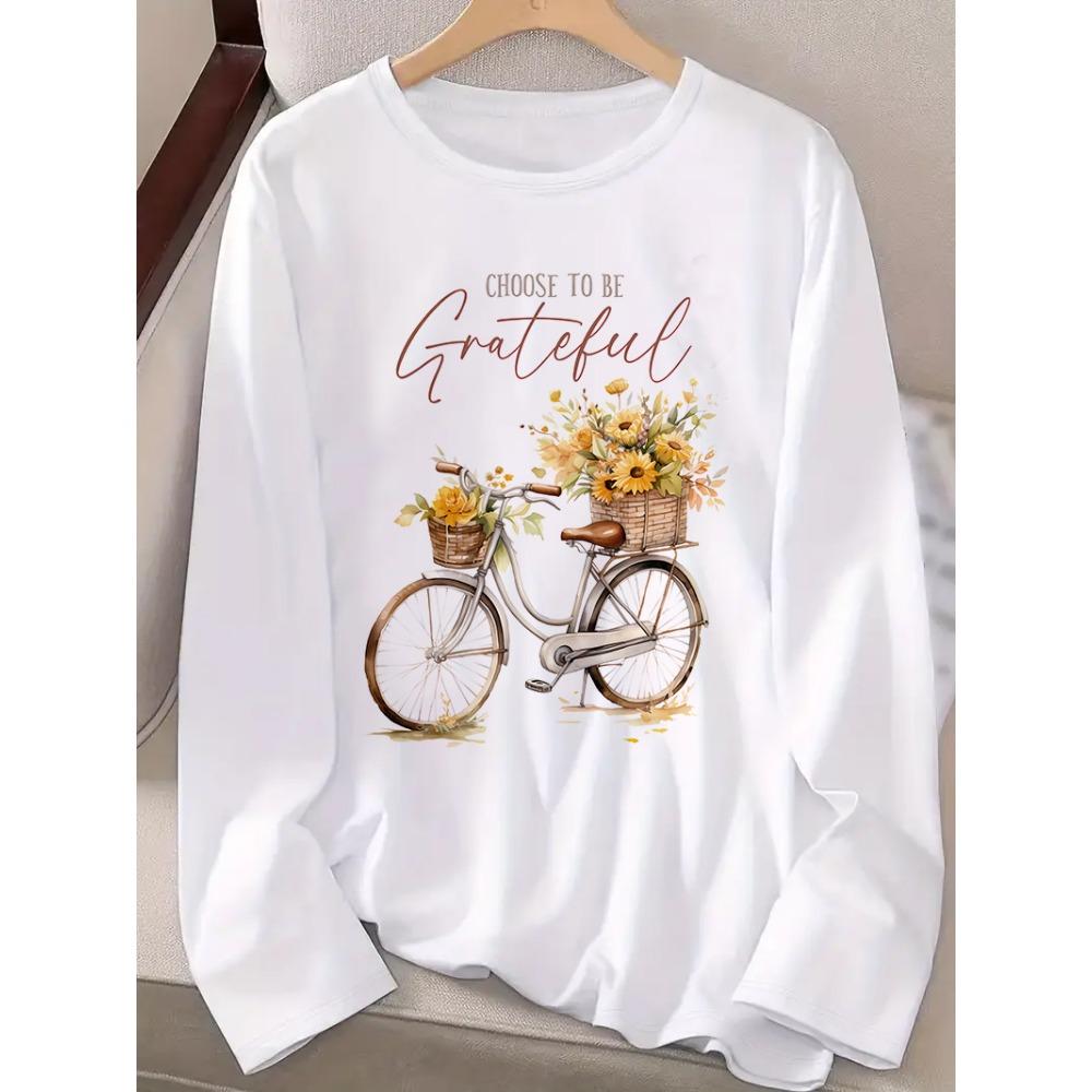 Vintage Choose to Be Grateful Bicycle Graphic T Shirt Women's Casual Long Sleeve T-Shirt Crew Neck Top Tee Tshirt