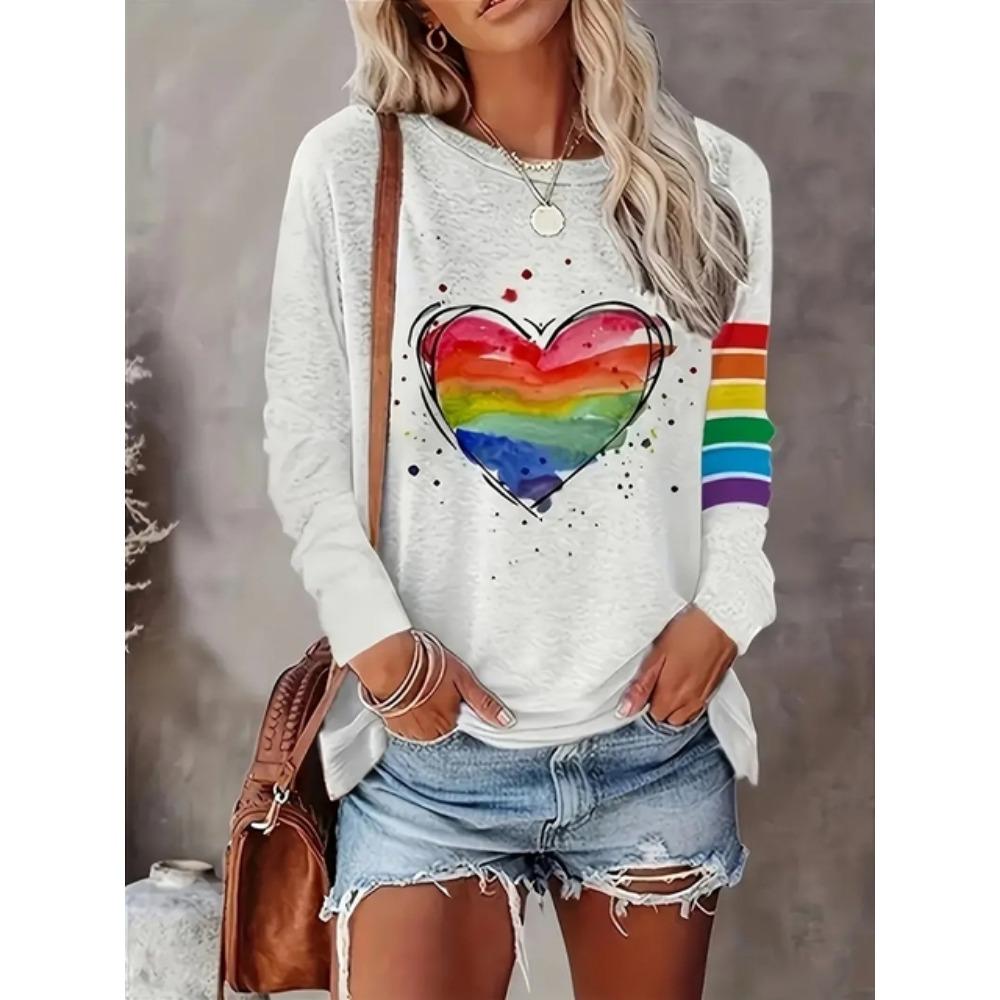 T-shirt da donna con stampa a cuore color arcobaleno, grafiche, camicette a maniche lunghe, top corto, taglie forti, abbigliamento da donna