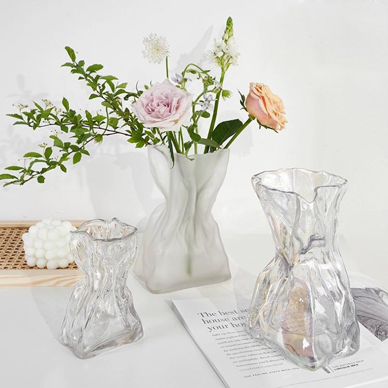 Irregular Glass Flower Vase Crystal Clear Vase Ins Style Decorative Vases for Home Office Wedding Dinner Table Party Decor