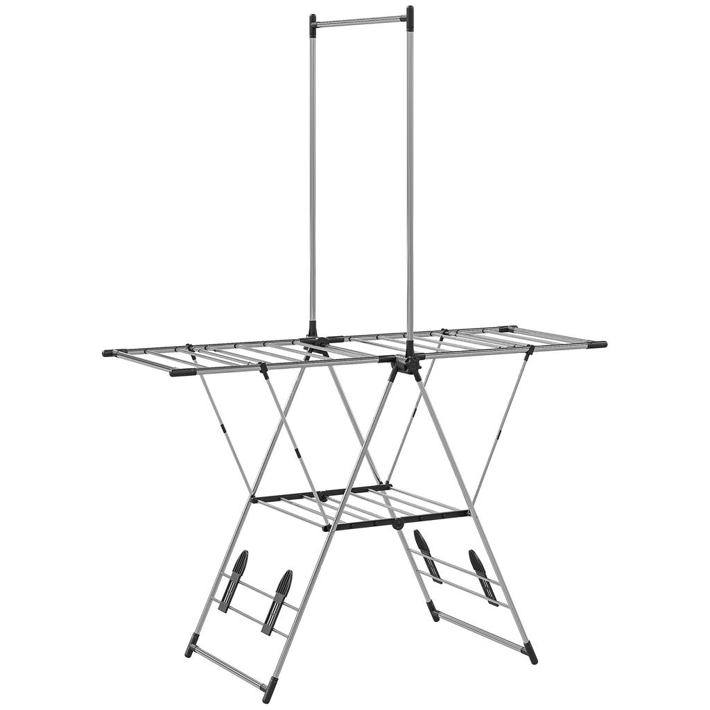 Folding Clothes Drying Rack with 5 Adjustable Wings and 4 Shoe Racks, Stainless Steel, Silver