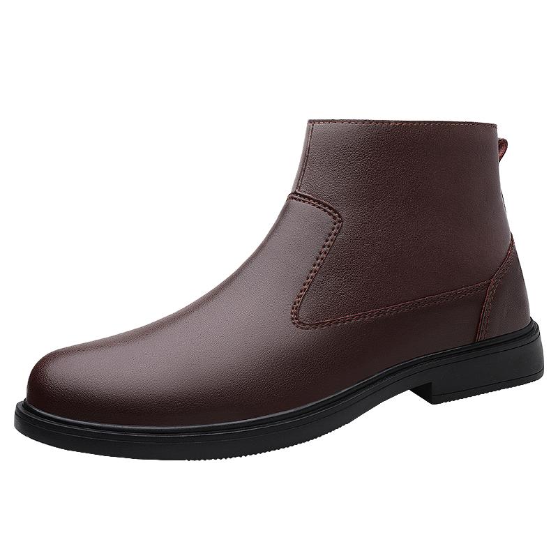 Fashion 2024 Men's Fashionable Leather Boots Autumn and Winter High-top Sleeve Cowhide Side Zipper Large Pile Warm Cotton Boots