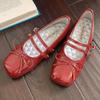 In Stock Rockfish Patent Leather Mary Jane Ballet Flats with Double Strap Bow - Women's Round Toe Low-Cut Shoes