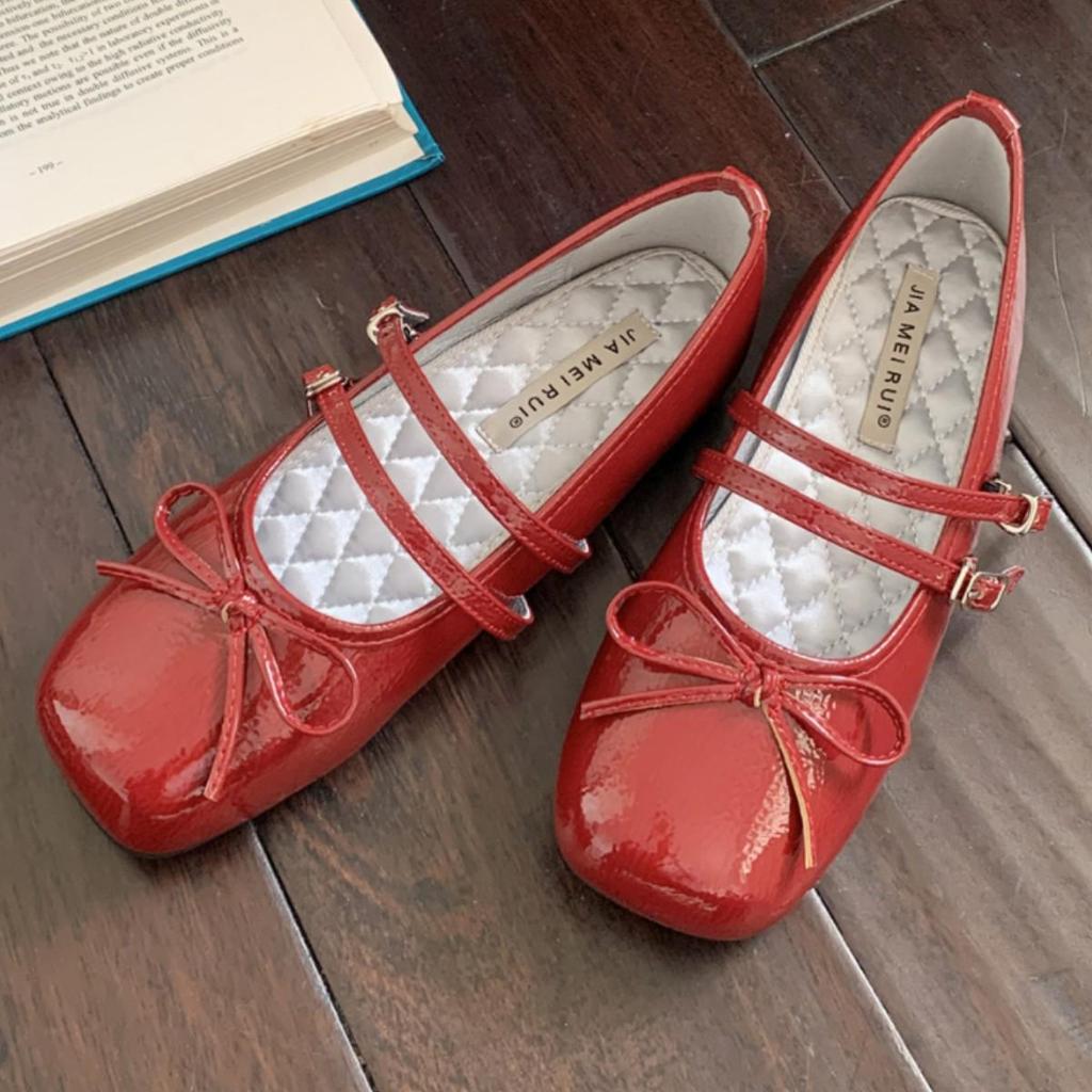 In Stock Rockfish Patent Leather Mary Jane Ballet Flats with Double Strap Bow - Women's Round Toe Low-Cut Shoes