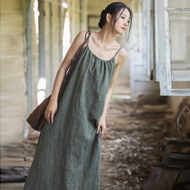 Linen Tie-Dye Adjustable Strappy Dress - Retro French Elegant Casual Wear for Spring and Summer
